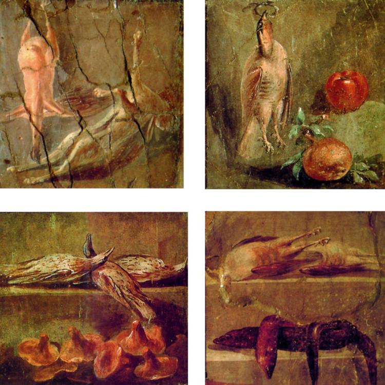 Affreschi romani rappresentanti pellame, lepri, funghi e altri alimenti.