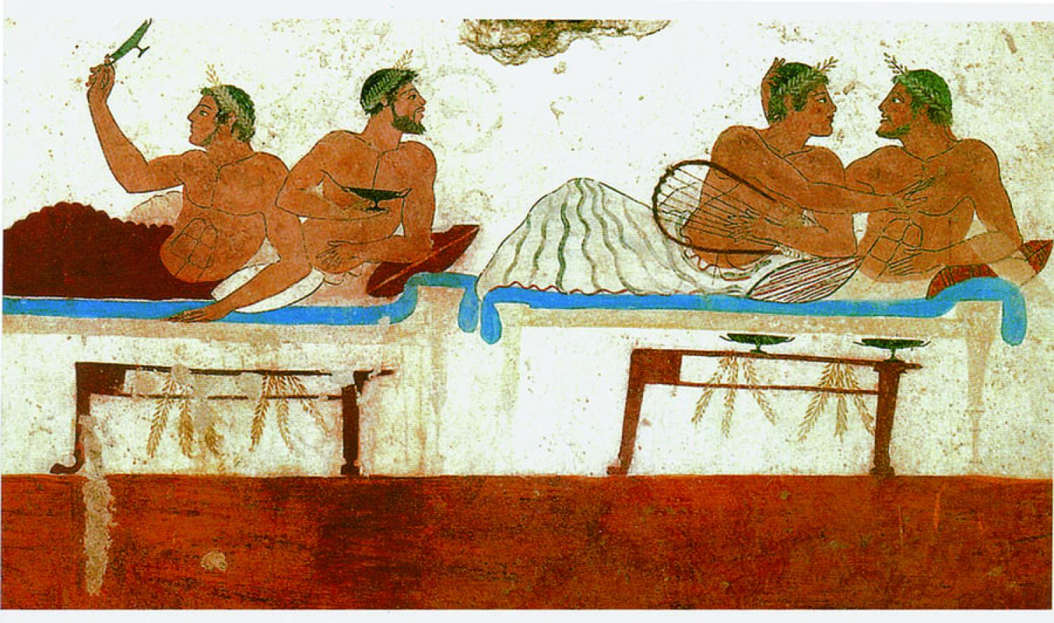 Banchetto funebre, pittura greca rinvenuta nella tomba del tuffatore a Paestum, V secolo a.C. Museo di Paestum. Si può notare la pratica del cottambo, il gioco consistente nel lancio del calice.
